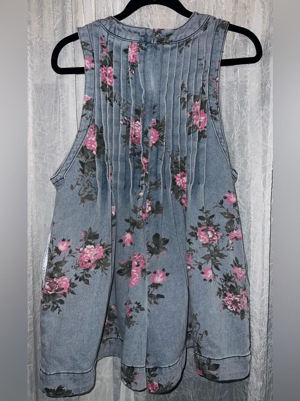 Veveret floral denim sleeveless romper large pleated coquette bow feminine NWOT - Picture 9 of 9